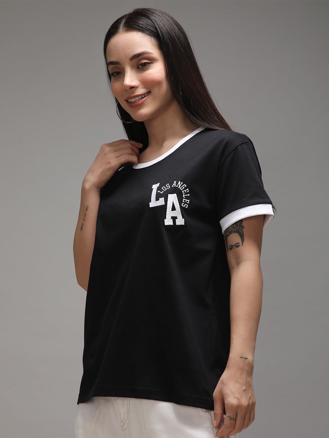 DILLINGER Women Short Sleeve Boxy Regular Varsity Embroidery Tshirt
