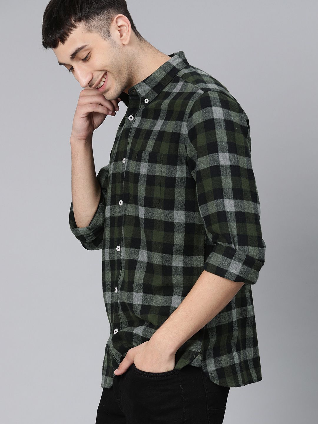 THE BEAR HOUSE Men Olive Green & Grey Slim Fit Checked Flannel Casual Shirt