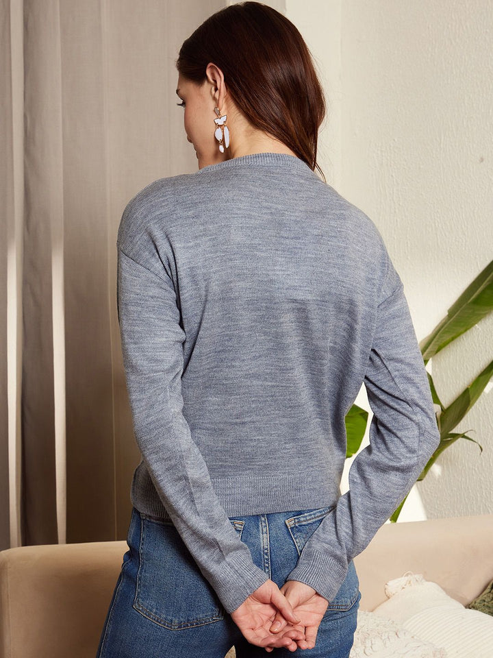 Berrylush Grey & Black Graphic Printed Acrylic Pullover Sweater