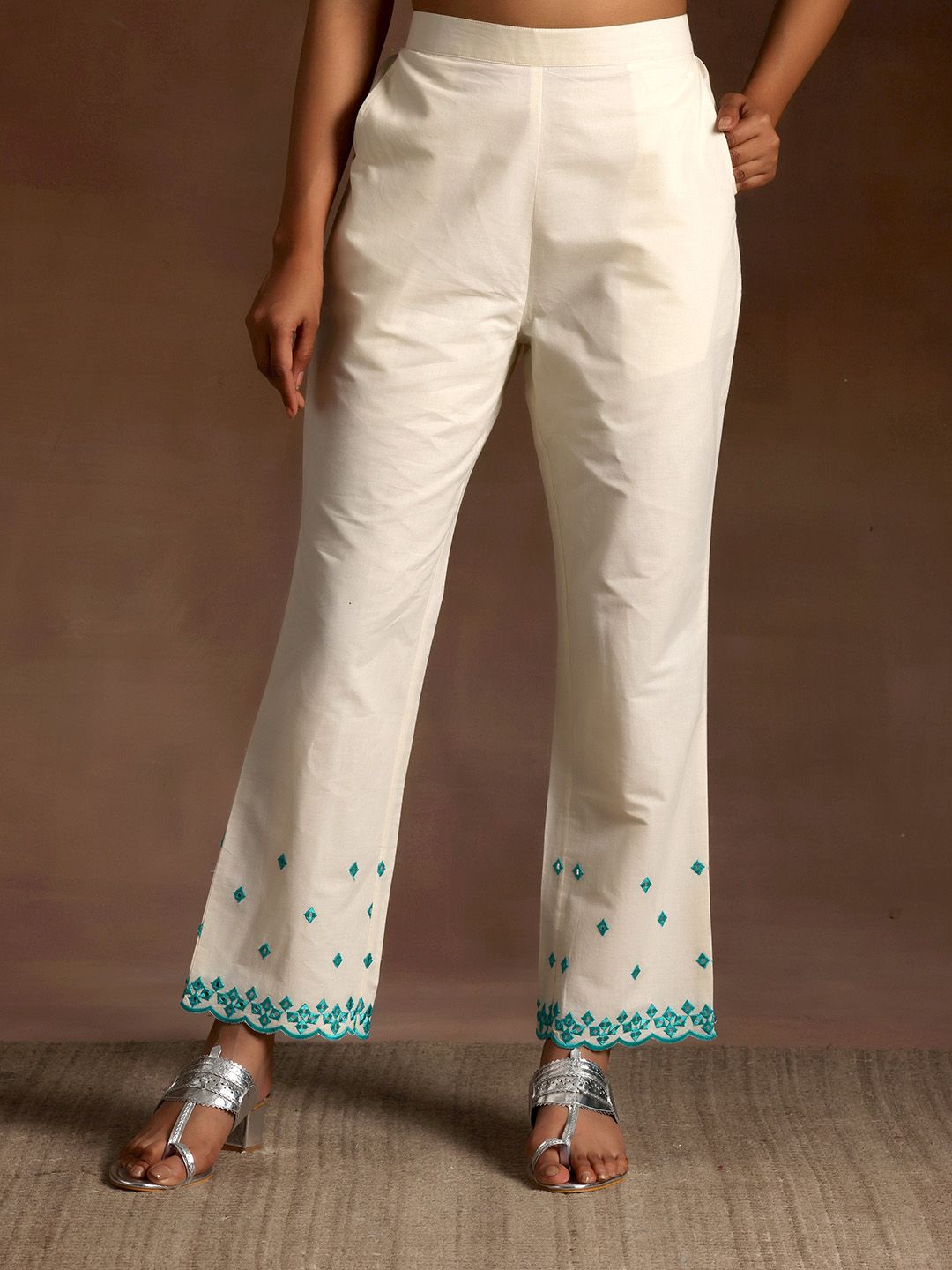 Libas Floral Embroidered Empire Thread Work Pure Cotton Kurta With Trousers & Dupatta