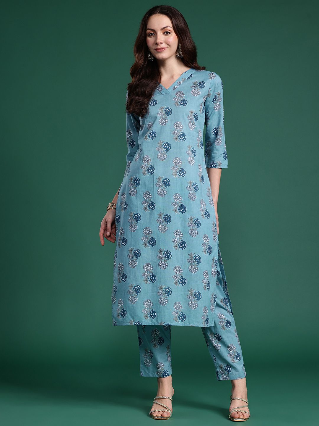 Indo Era Floral Printed Regular Pure Cotton Kurta with Trousers