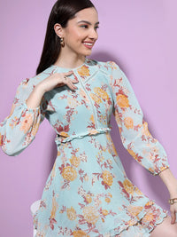 Tokyo Talkies Layered Pleats Floral Printed Puff Sleeve Fit & Flare Dress