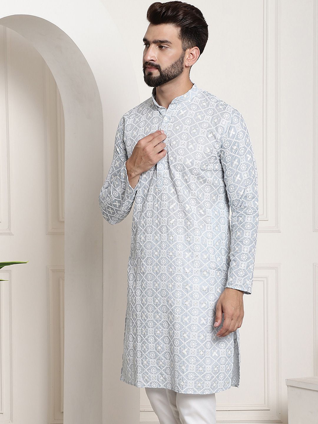 SOJANYA Band Collar Ethnic Motifs Embroidered Thread Work Cotton Kurta