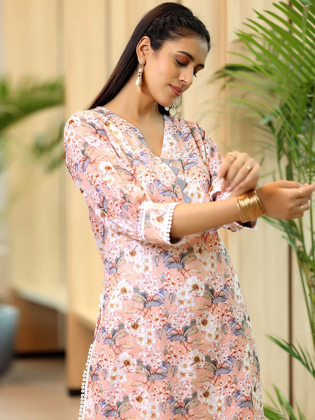 Libas Floral Printed Thread Work Puffed Sleeves Pure Cotton Kurta With Salwar