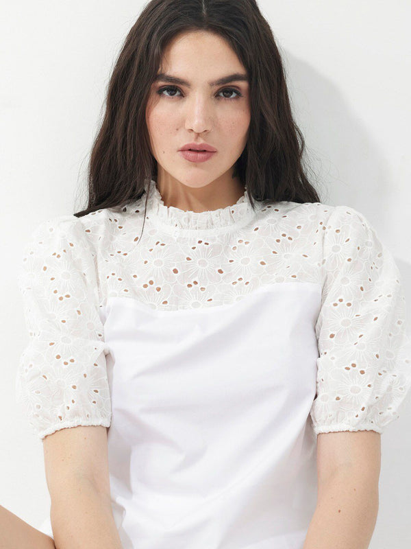 RAREISM Floral Embellished Puff Sleeve Cotton Top
