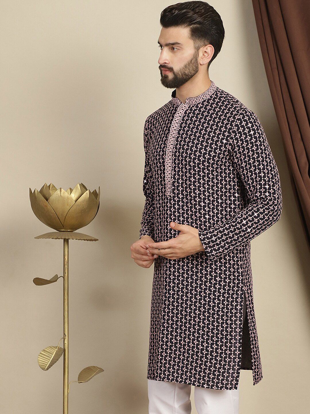 Anouk Geometric Printed Mandarin Collar Long Sleeves Thread Work Kurta