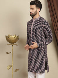 Anouk Geometric Printed Mandarin Collar Long Sleeves Thread Work Kurta