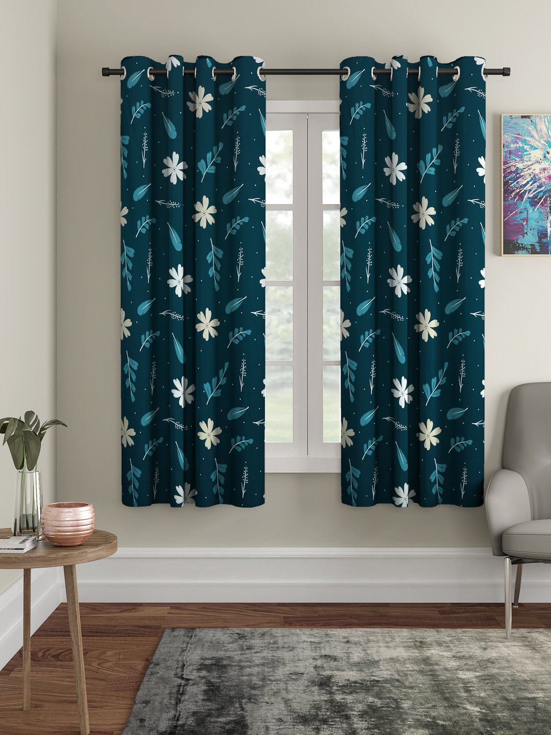 Cortina  Teal Green Set Of 2 Digital Printed Window Curtains