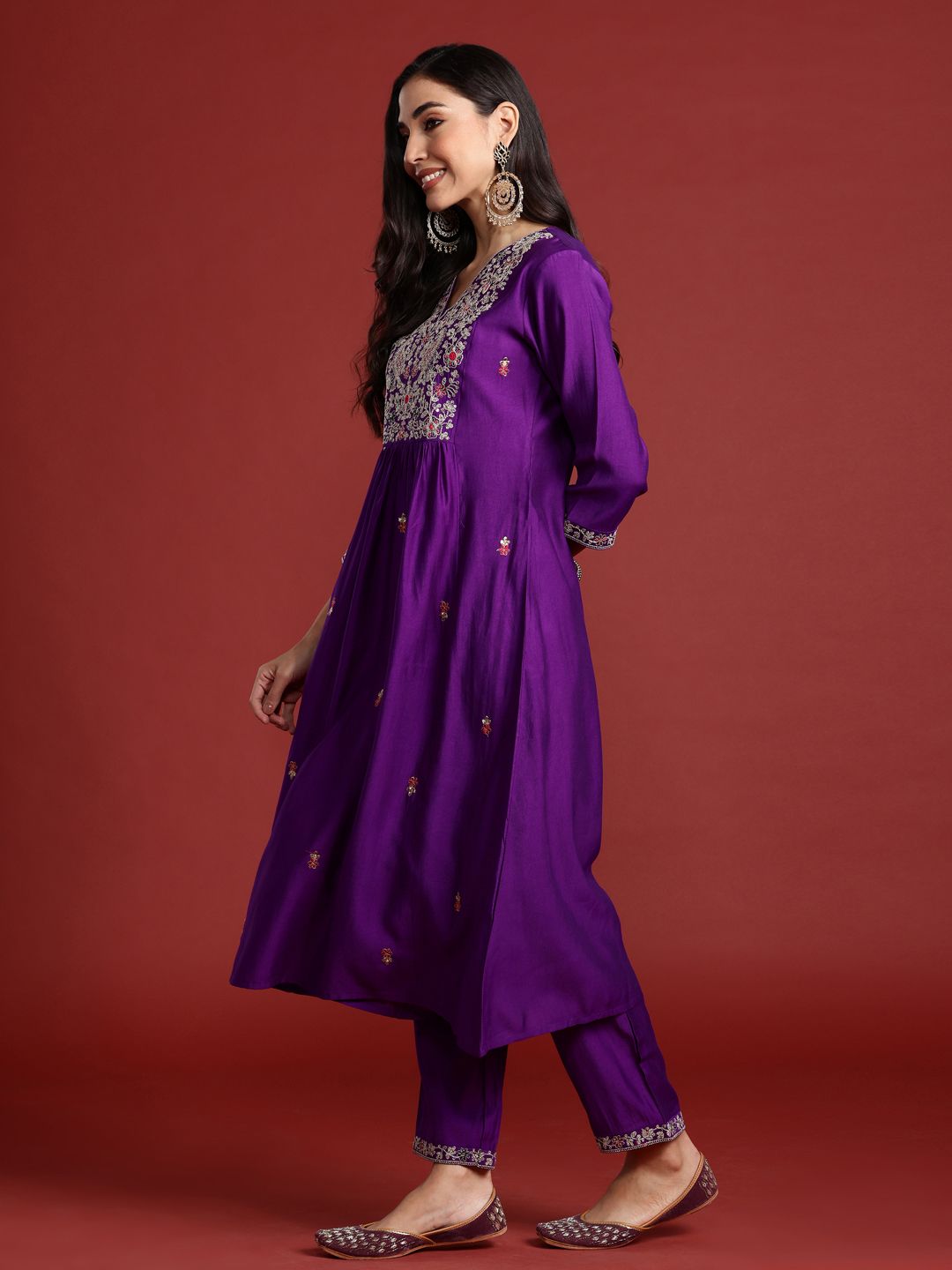 Indo Era Floral Embroidered Pleated Aari Work Liva Kurta With Trousers & Dupatta