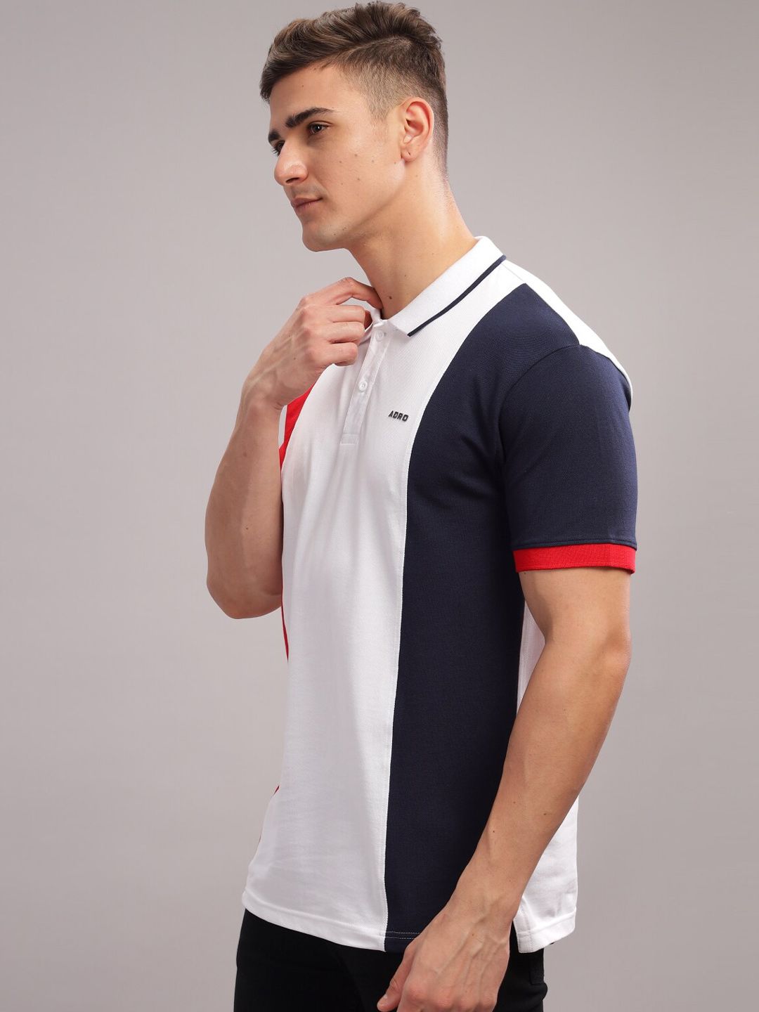 ADRO Colourblocked Polo Collar Lengan Pendek Kapas Tulen T-shirt Biasa