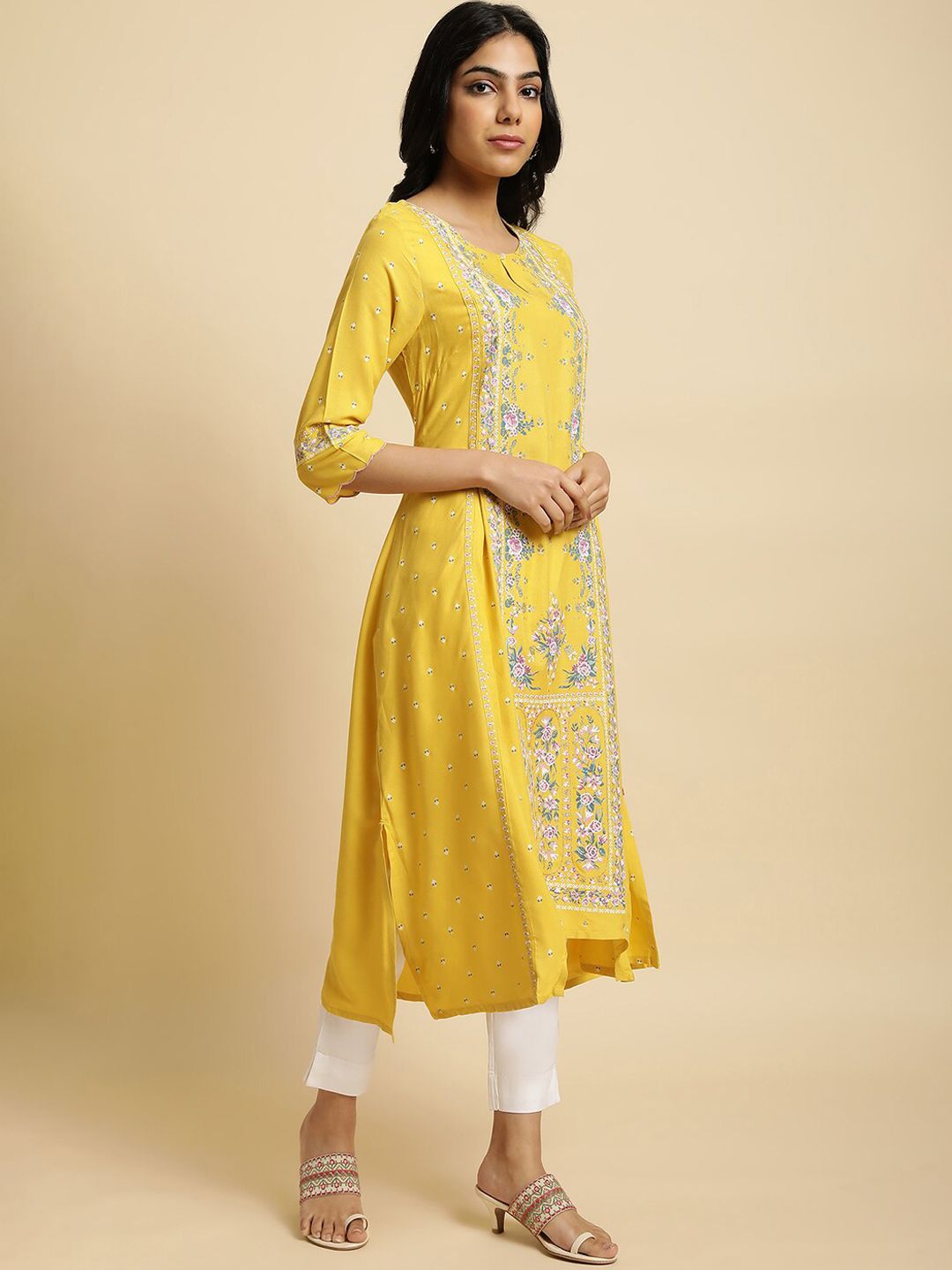 W Yellow & Pink Floral Printed Keyhole Neck A-Line Kurta