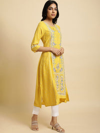 W Yellow & Pink Floral Printed Keyhole Neck A-Line Kurta