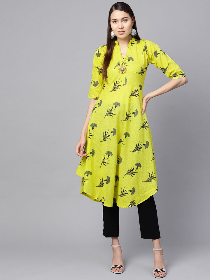 SOJANYA Wanita Lime Green & Black Floral Print Kurta A-Line