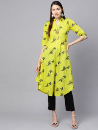 SOJANYA Wanita Lime Green & Black Floral Print Kurta A-Line