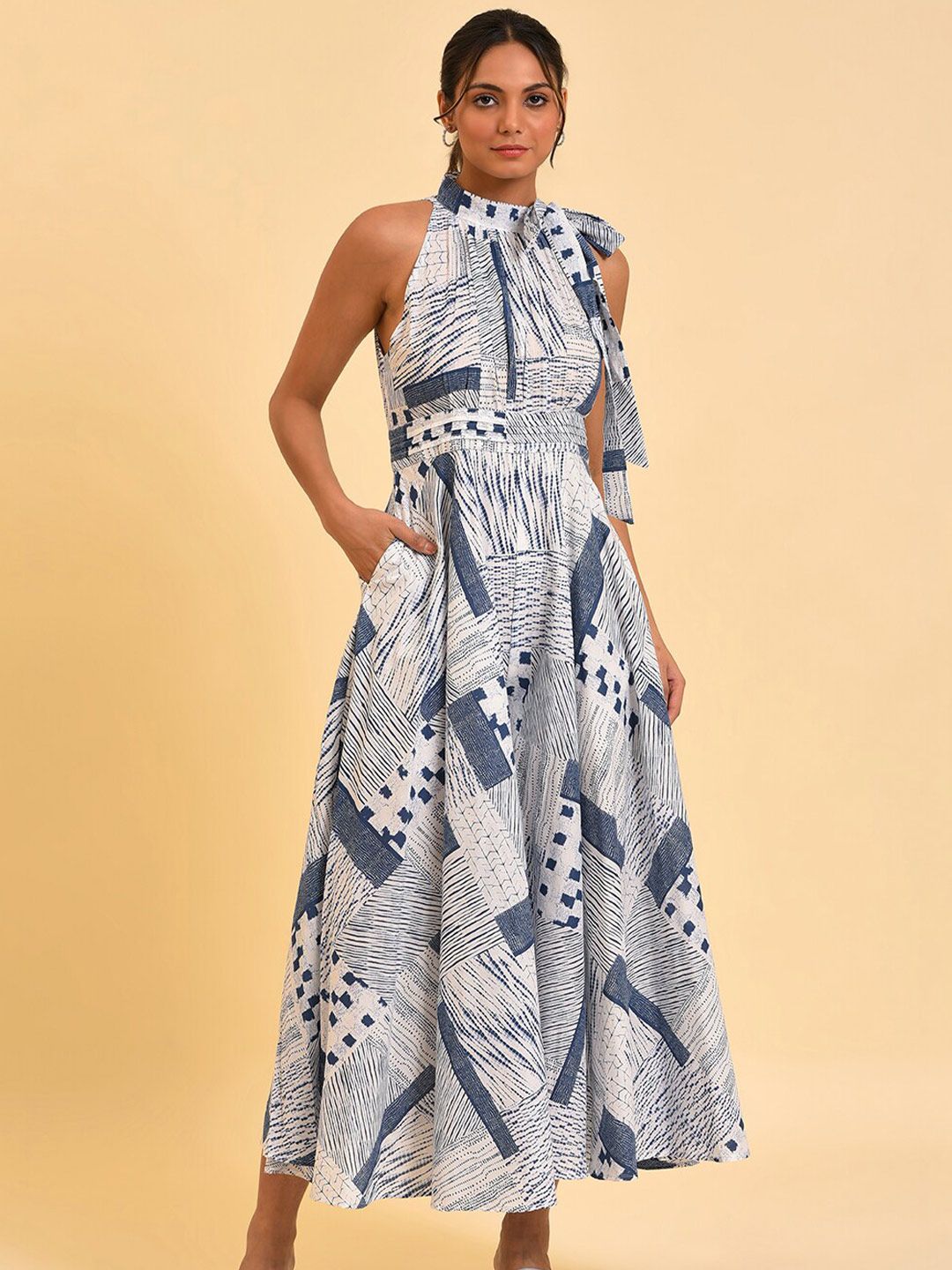 W Blue & White Halter Neck Printed Pure Cotton Culotte Jumpsuit