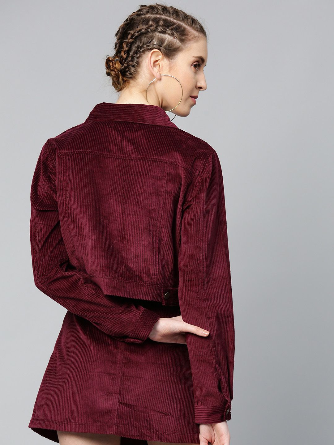SASSAFRAS Women Burgundy Self-Striped Corduroy Crop Tailored Jacket