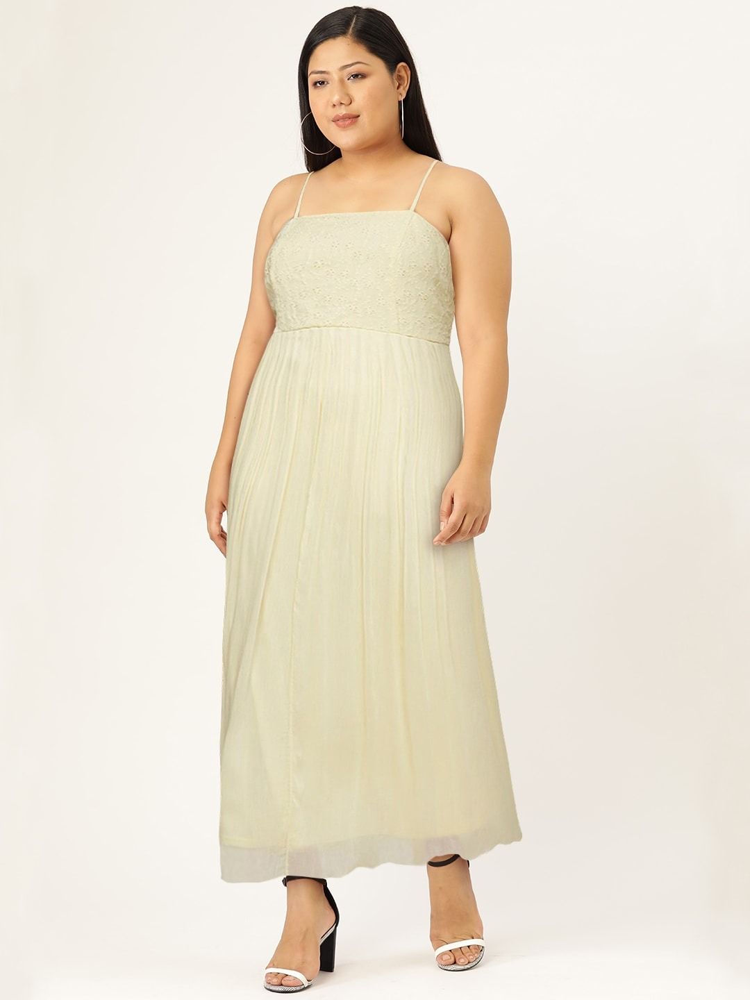 AND Women Lime Yellow Floral Schiffli A-Line Maxi Dress