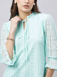 Style Quotient Tie-Up Neck Bell Sleeve Cotton Lace Top