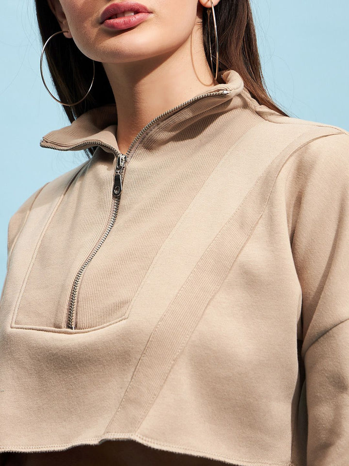 STREET 9 Beige Mock Collar Crop Pure Cotton Sweatshirt