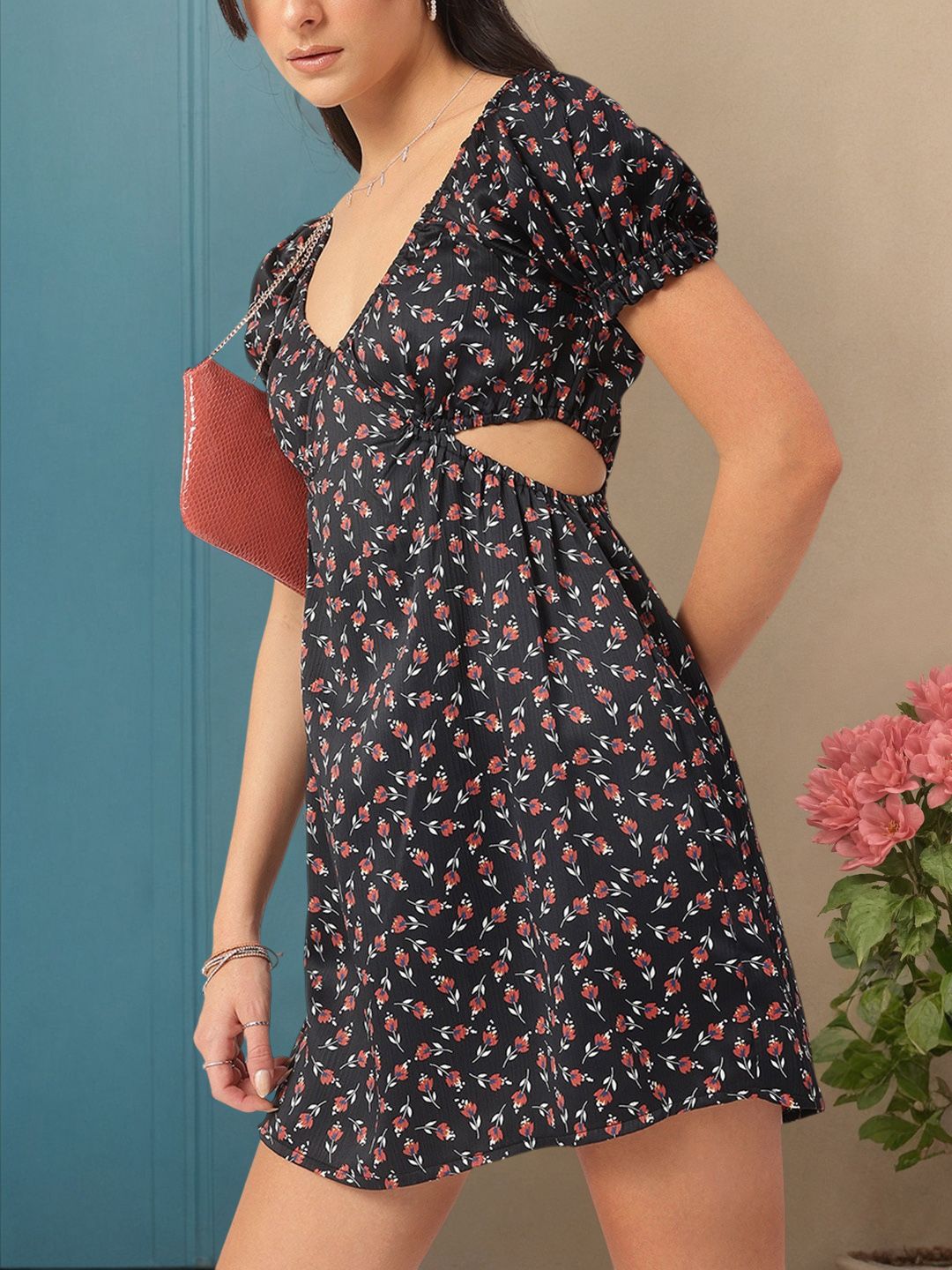 DressBerry Fairy-Frock Micro Printed Smocked Cut-Out Mini Dress