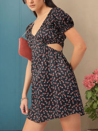 DressBerry Fairy-Frock Micro Printed Smocked Cut-Out Mini Dress