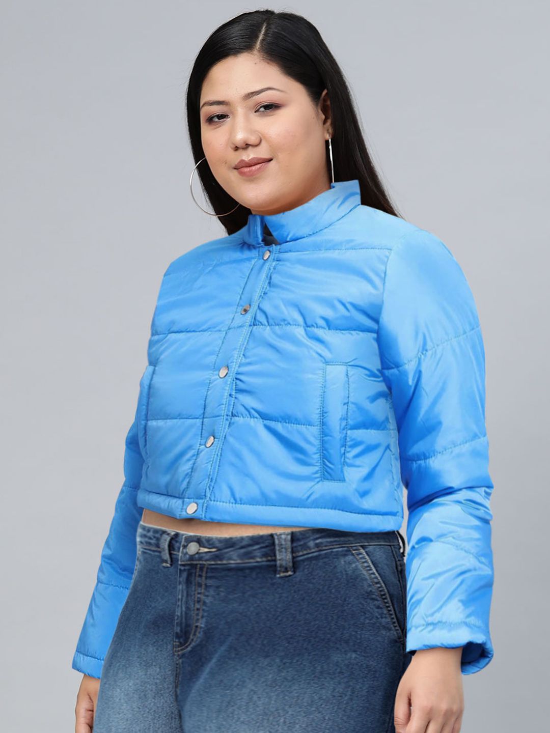 Tokyo Talkies Blue Stand Collar Crop Puffer Jacket