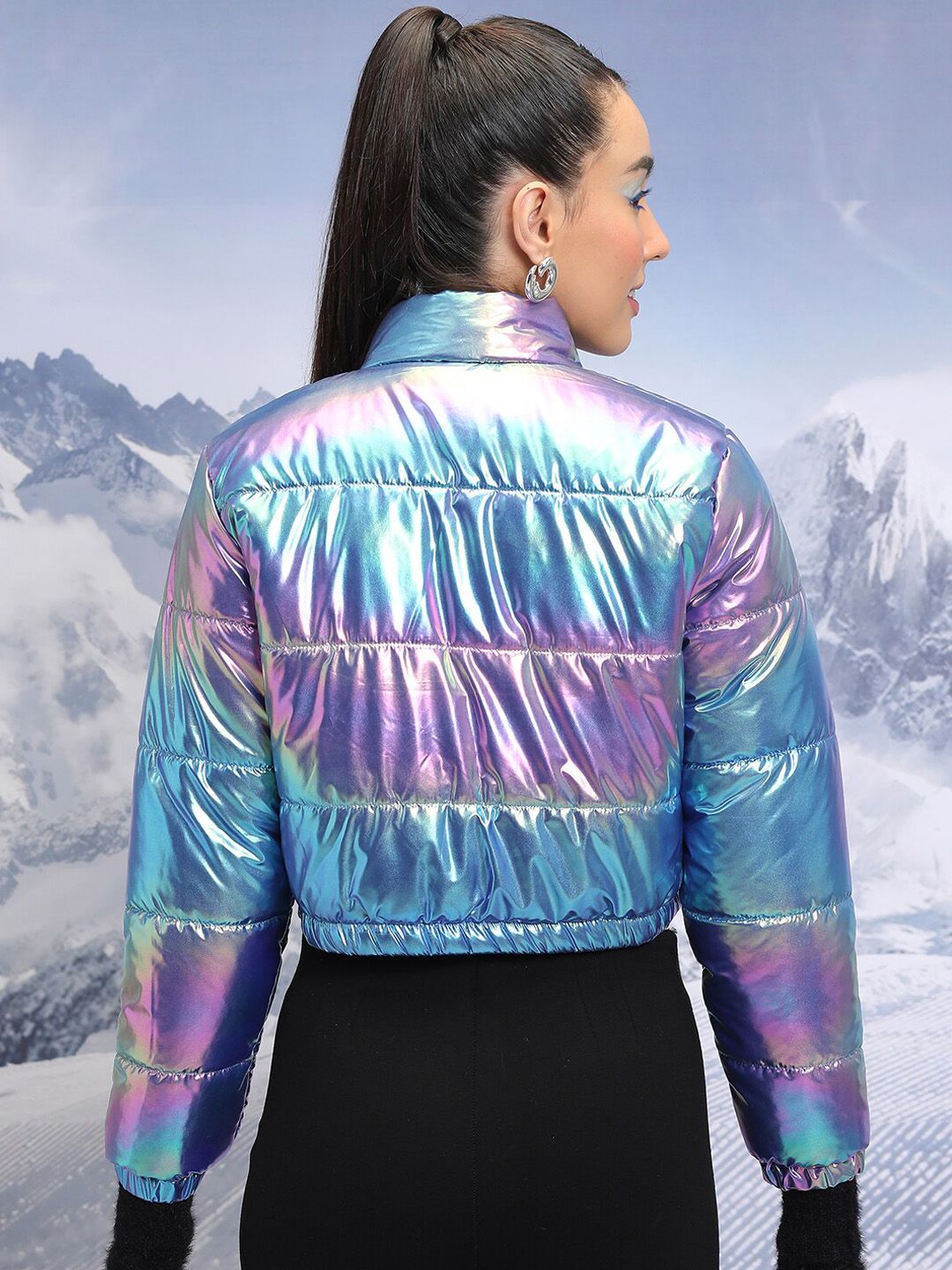 Tokyo Talkies Blue Mock Collar Long Sleeves Crop Puffer Jacket