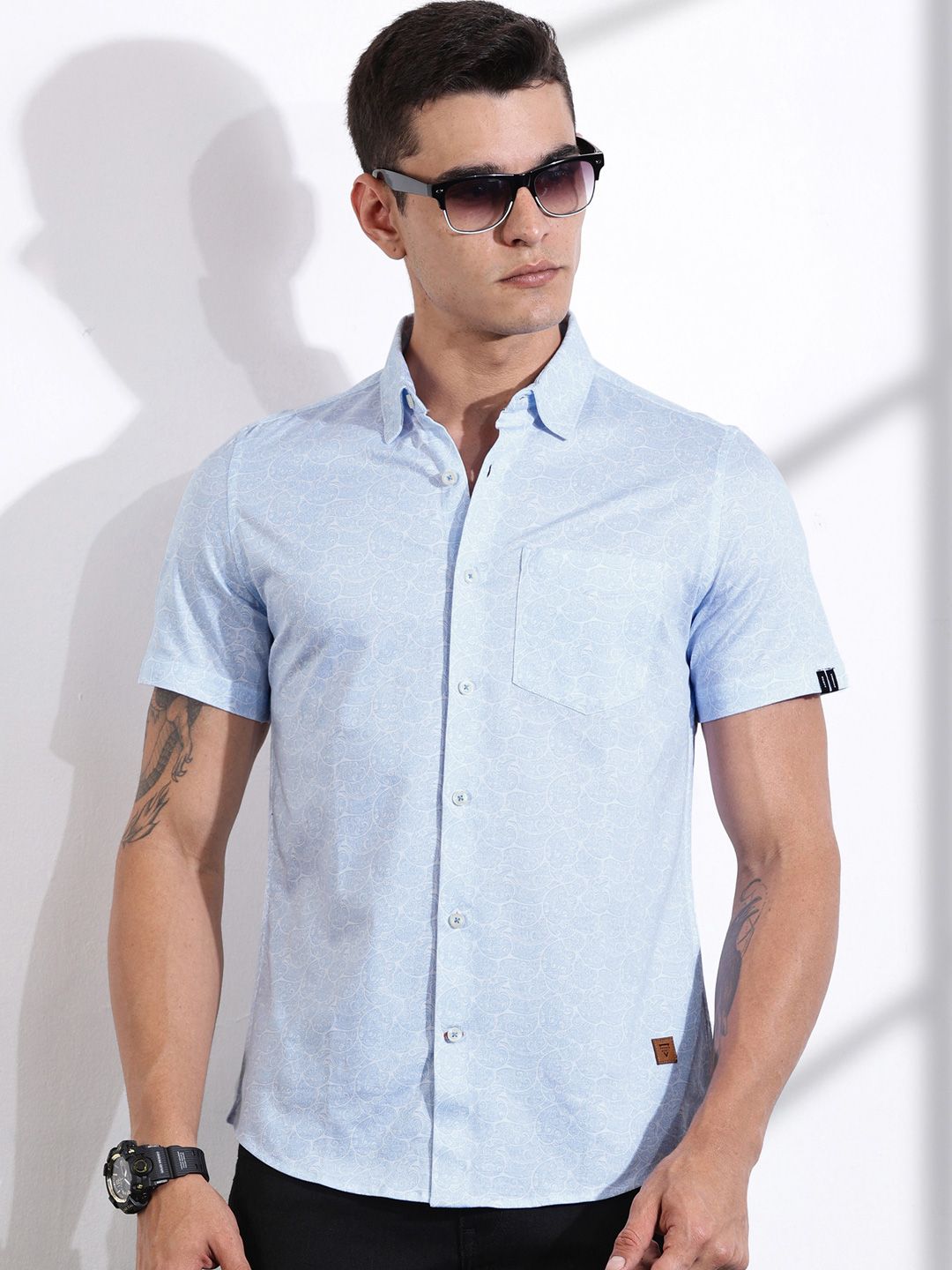 Thomas Scott Men Classic Slim Fit Spread Collar Ethnic Motifs Printed Cotton Knitted Shirt