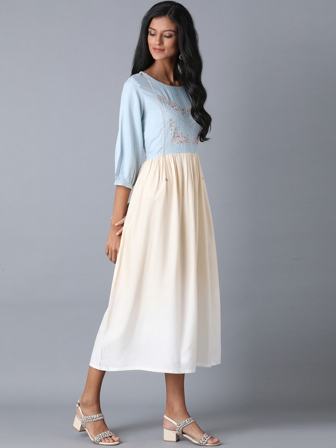 W Women Blue Colourblocked Fit and Flare Dress