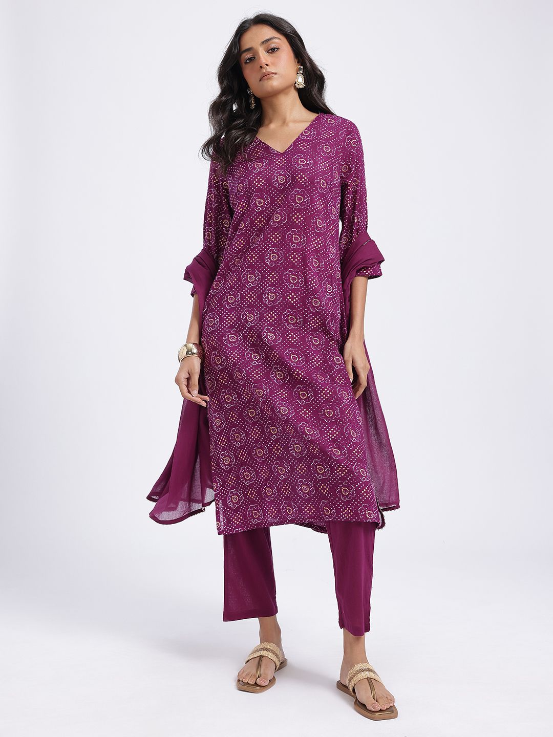 Anouk Women Bandhani Printed Gotta Patti Pure Cotton Kurta with Trousers & Dupatta