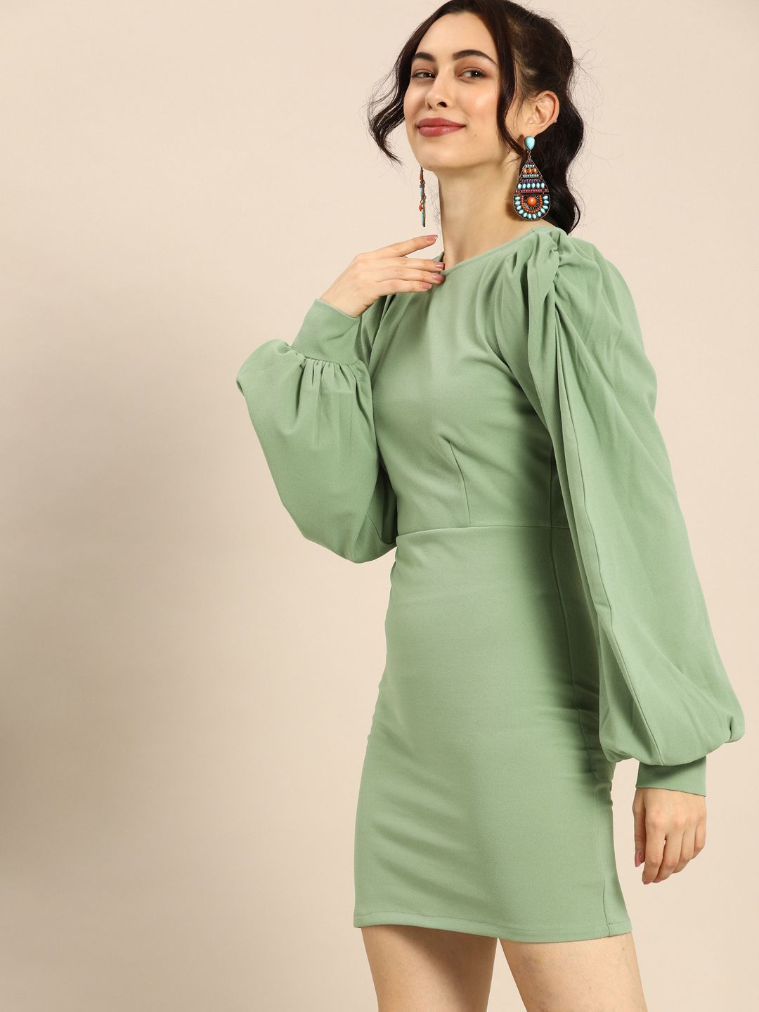 Athena Vintage Olive Green Puff Sleeves Bodycon Dress
