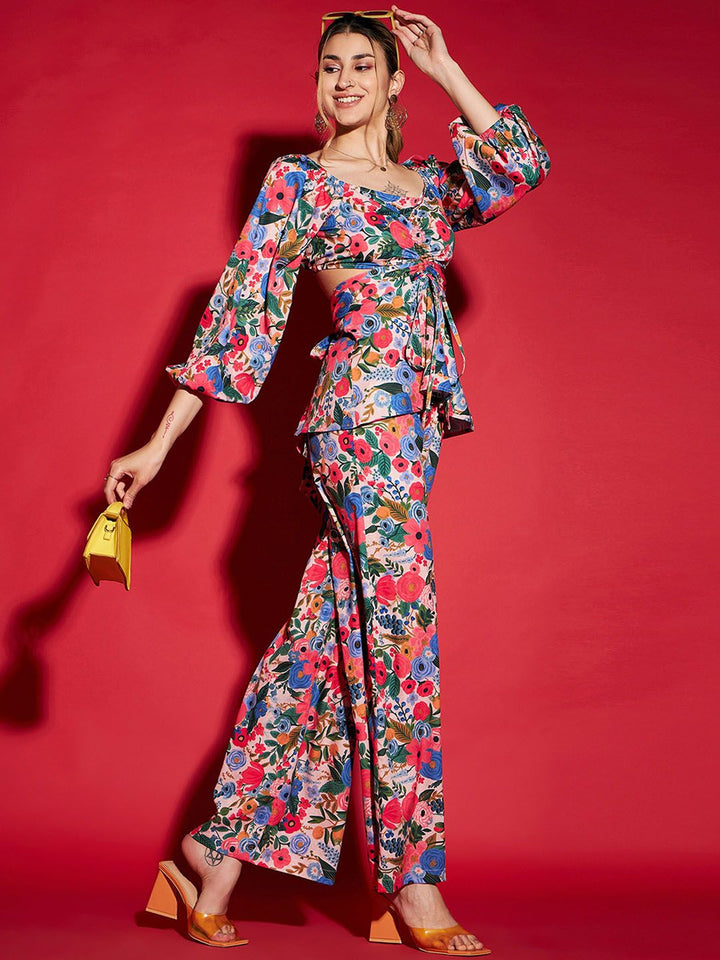 Sassafras Multicolor Floral Printed Peplum Top & Trousers Co-Ords