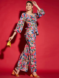 Sassafras Multicolor Floral Printed Peplum Top & Trousers Co-Ords