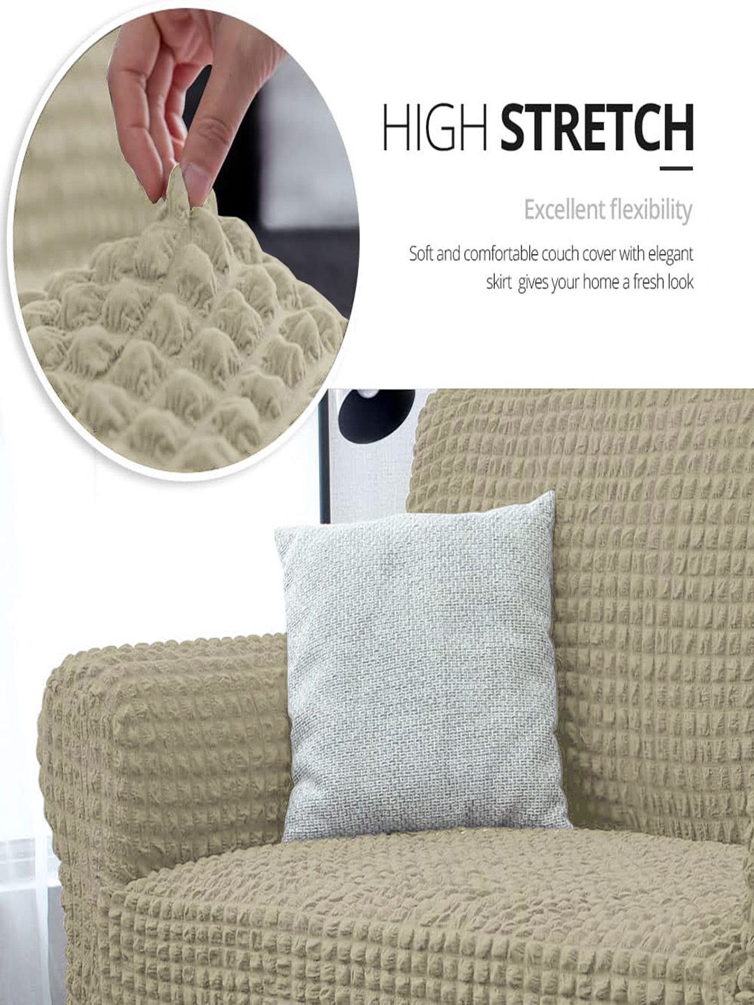 Cortina Beige Self Design Stretchable 1-Seater Sofa Cover with Skirt