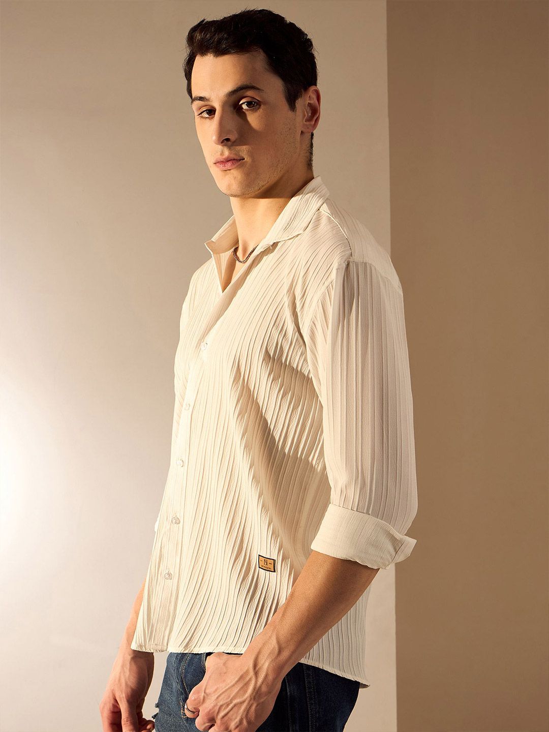 DENNISON Relaxed Fit Textured Self-Design Drop-Shoulder Sleeves Oversized Shirt