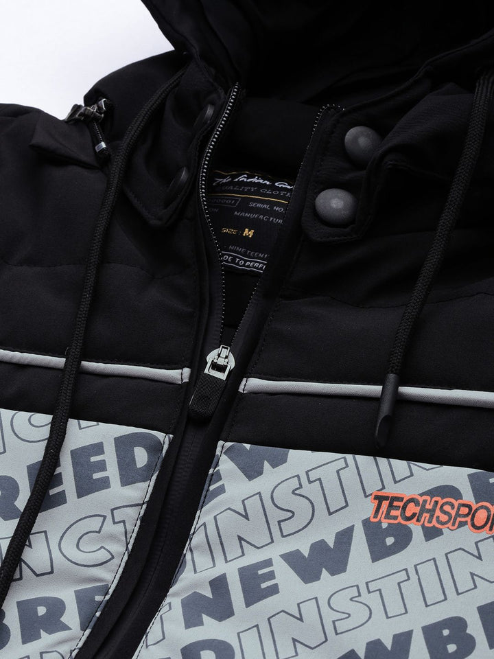 The Indian Garage Co Men Typographic Print Slim Fit Puffer Jacket with Detachable Hood