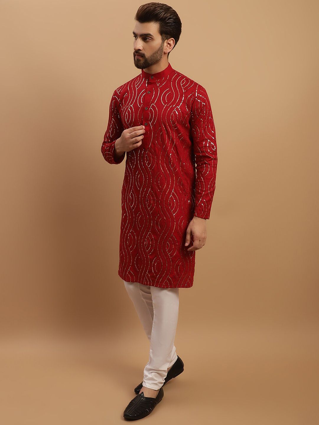 SOJANYA Embroidered Sequinned Pure Cotton Kurta with Churidar & Embroidered Nehru Jacket