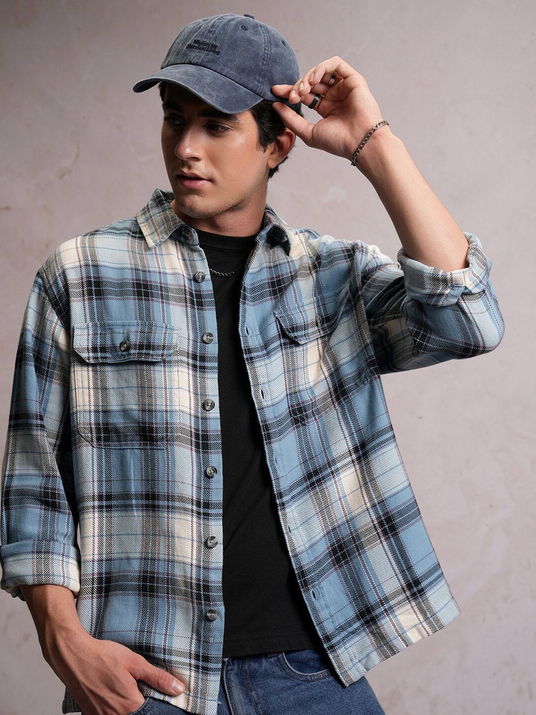 Locomotive Men Blue Dobby Textured Checked Utility Pocket Overshirt