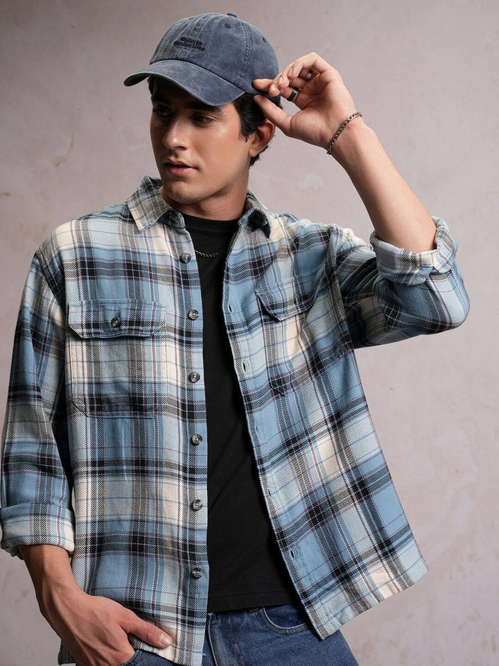 Locomotive Men Blue Dobby Textured Checked Utility Pocket Overshirt
