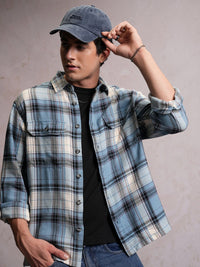 Locomotive Men Blue Dobby Textured Checked Utility Pocket Overshirt