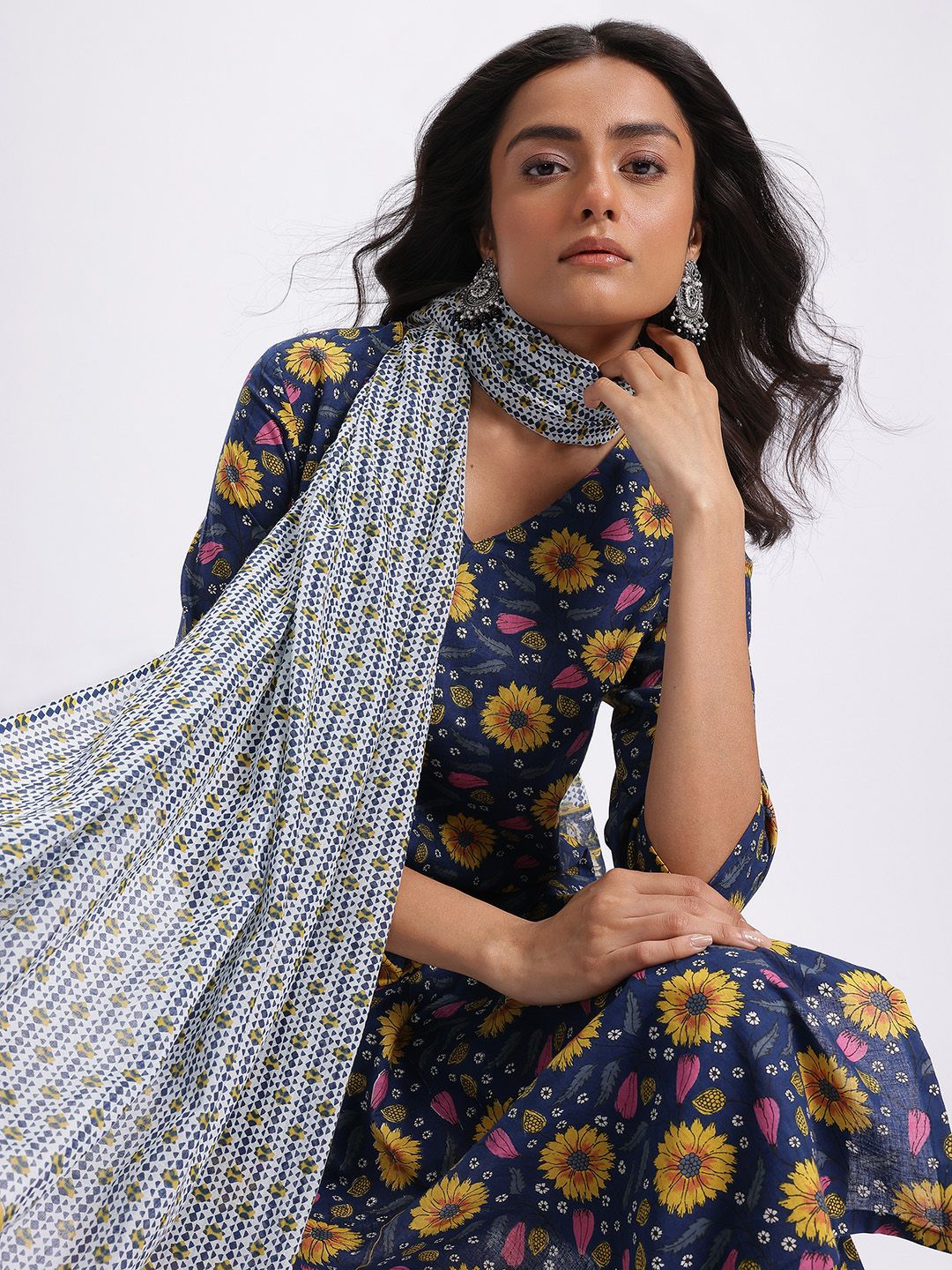 Anouk Floral Printed Pure Cotton Kurta with Trousers & Dupatta