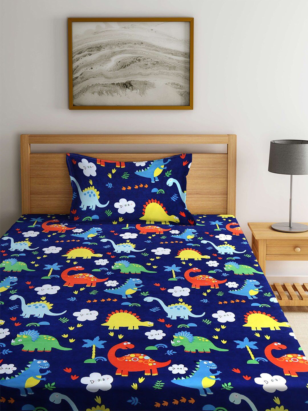 KLOTTHE Kids Cartoon Characters Printed 300 TC Fitted Single Bedsheet with 1 Pillow Cover