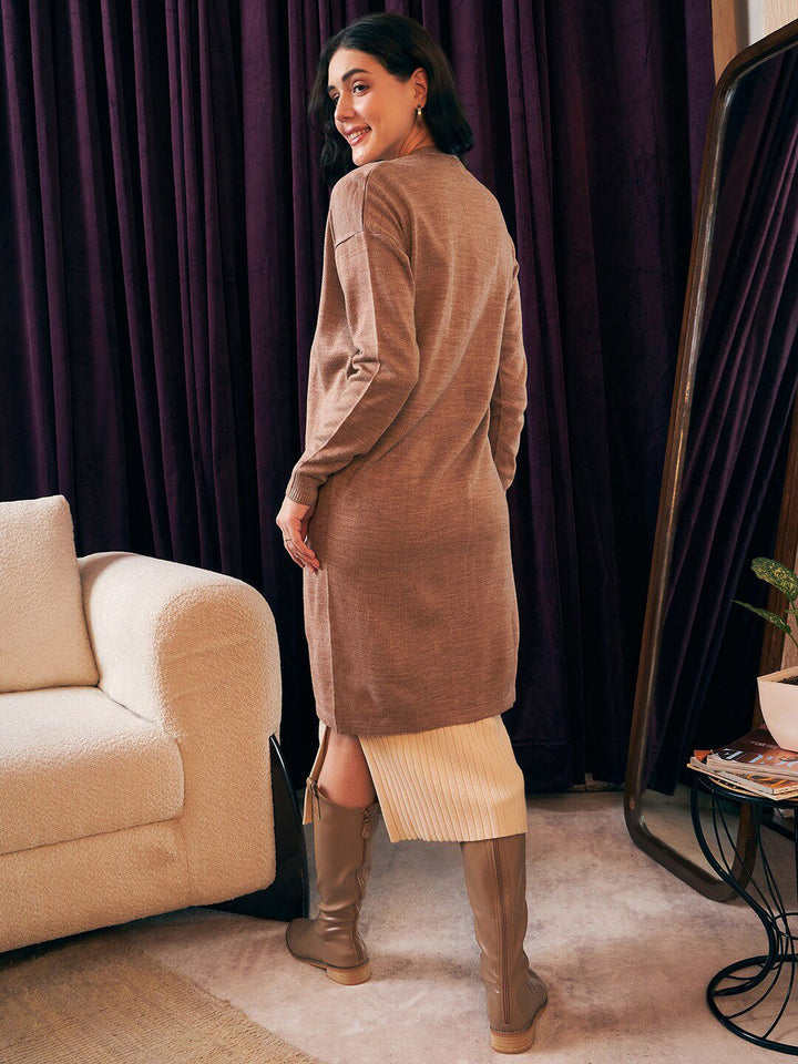 Berrylush Brown Collarless Acrylic Longline Front Open Cardigan Sweater