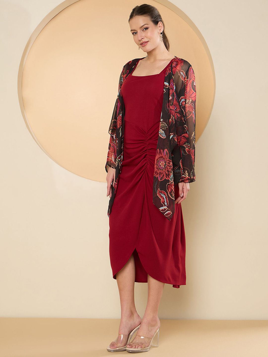Antheaa Maroon Square Neck Bodycon Midi Dress With Shrug