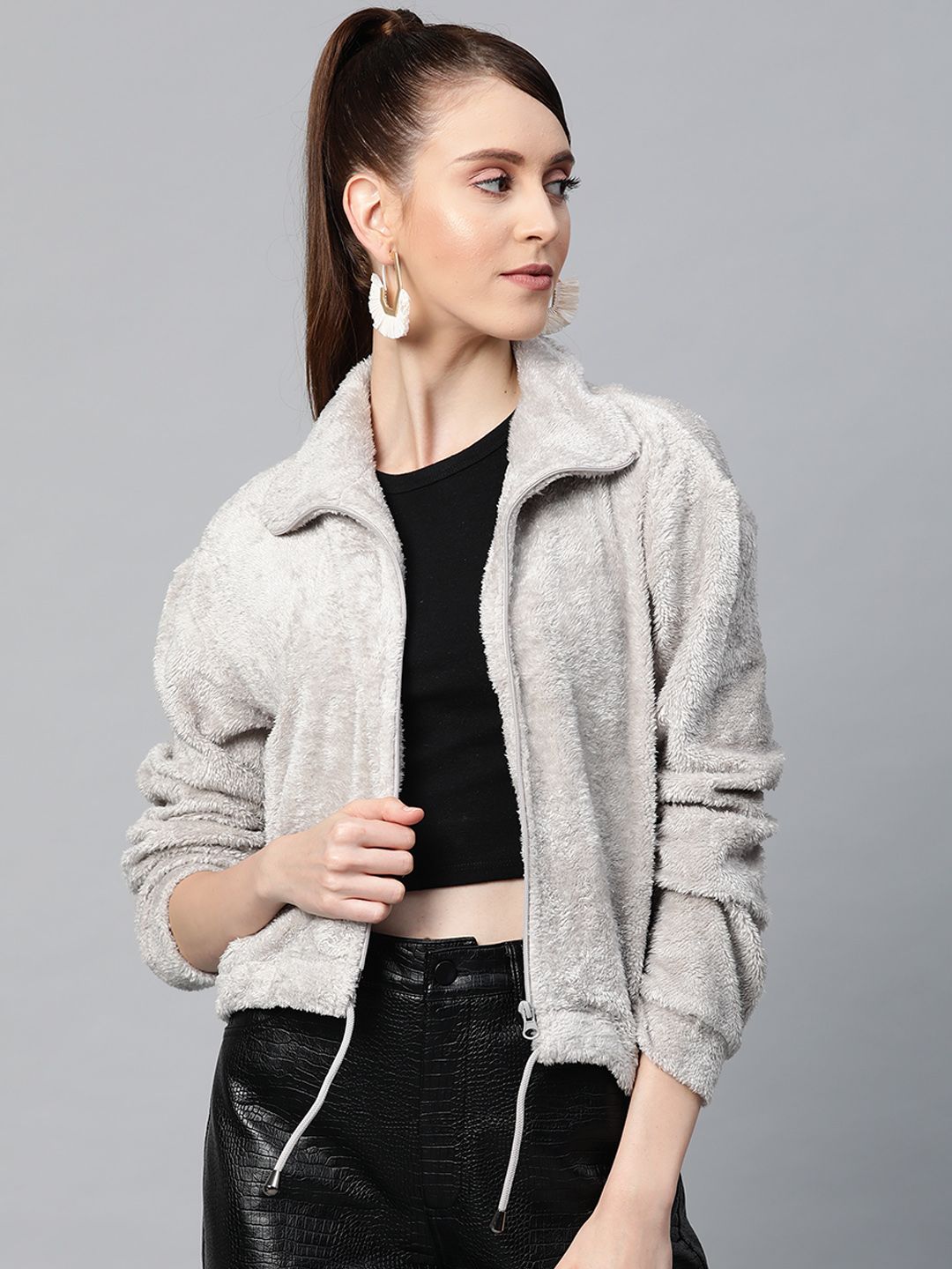 SASSAFRAS Women Grey Melange Solid Faux Fur Tailored Jacket