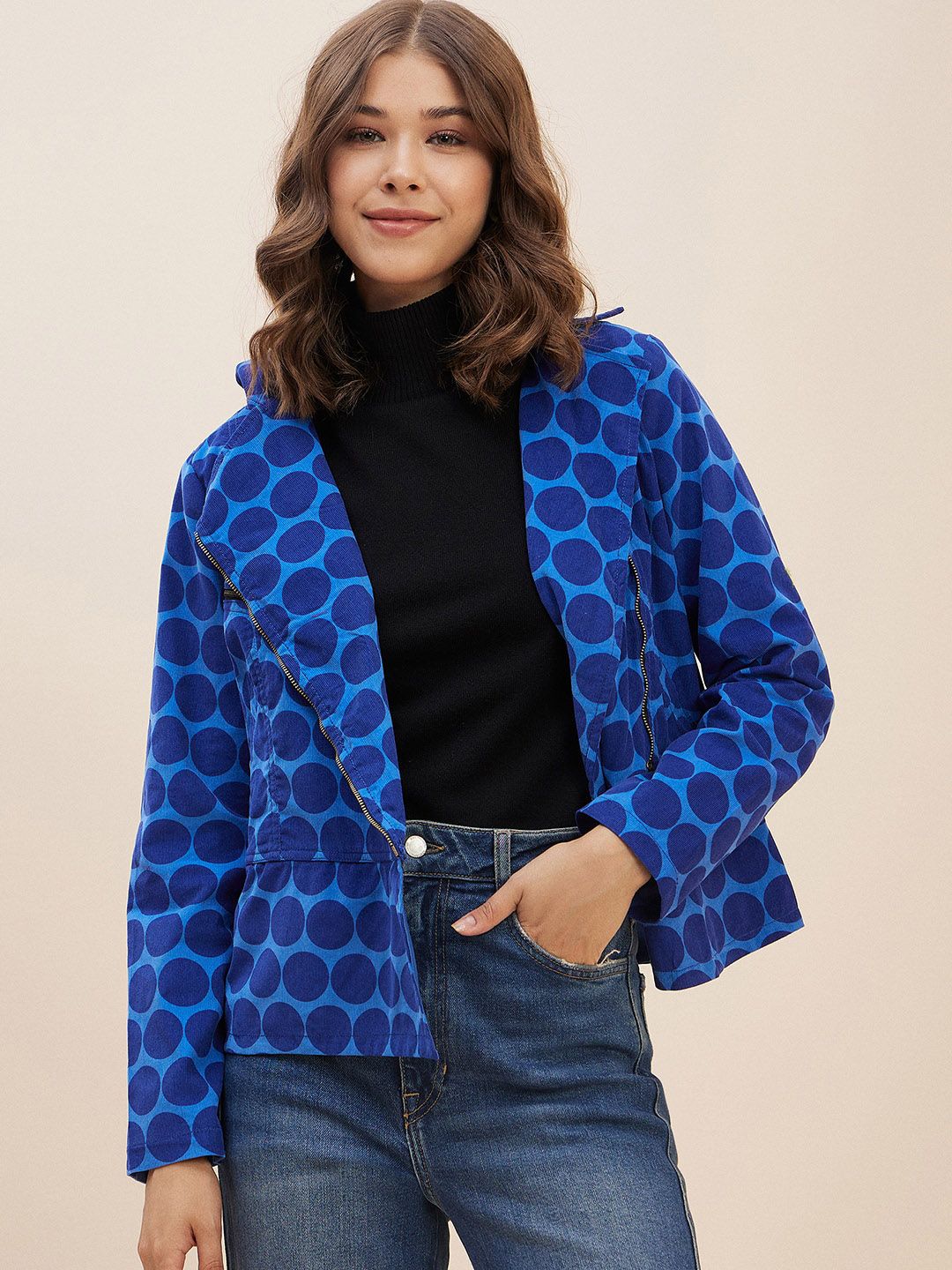 Antheaa Women Blue Geometric Corduroy Crop Tailored Jacket