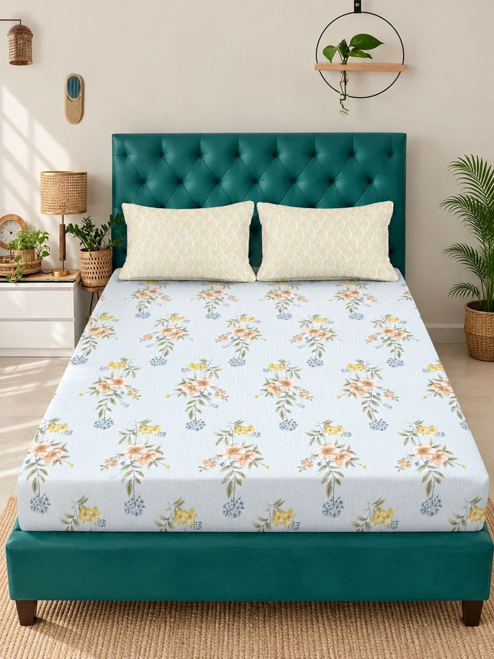 Myntra Elegant Homes White Floral 300 TC King Cadar dengan 2 Sarung Bantal