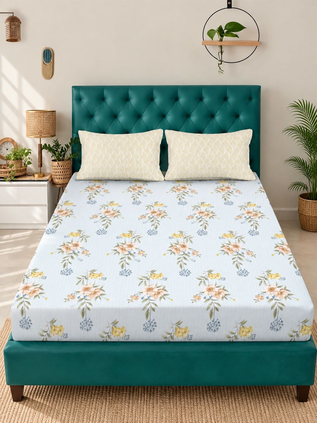 Myntra Elegant Homes White Floral 300 TC King Cadar dengan 2 Sarung Bantal