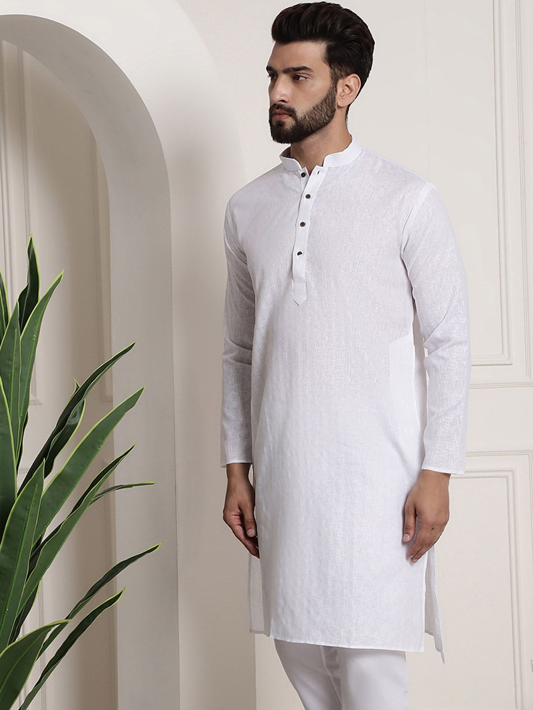 Anug by SOJANYA Men White Checked Dobby Mandarin Collar Kurta