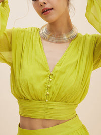 Antheaa Lime Green Crop Top With Accordion Pleated Overlap Assymetric Skirt